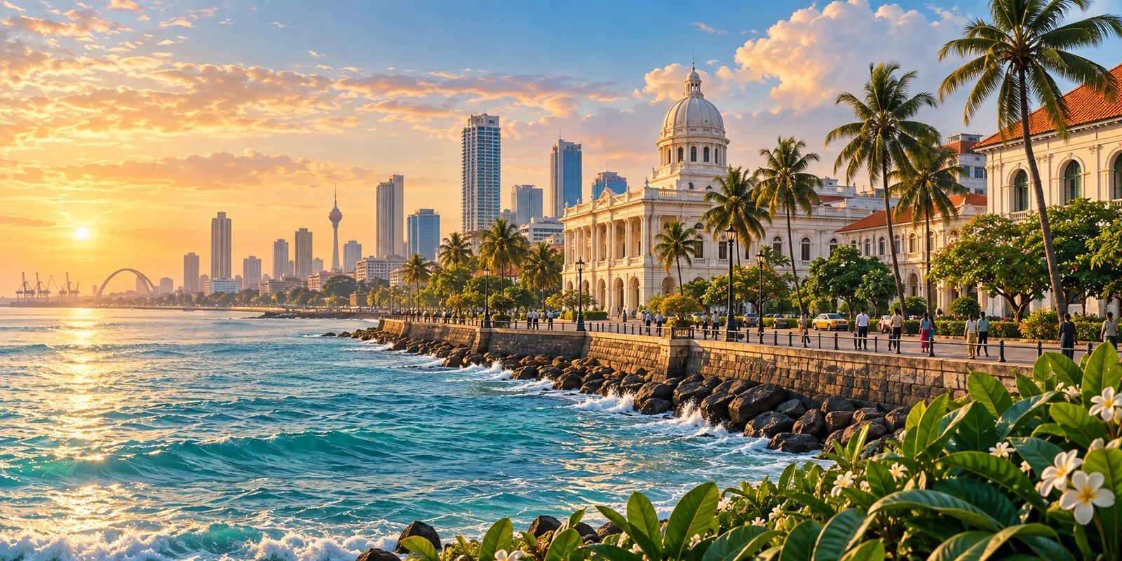 An illustrated Sri Lankan waterfront in warm sunlight