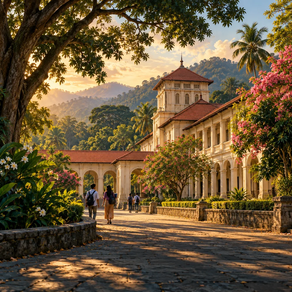 Illustration of students walking through a lush Sri Lankan campus